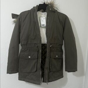 H&M Olive Green Girls Jacket with Faux Fur Hood